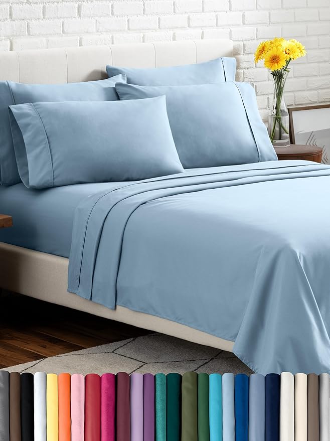Bare Home Hotel Luxury Queen Sheet Set, Extra Soft - 6 Piece Set - Deep Pockets - Easy Fit - Cooling & Breathable - Wrinkle, Fade, Stain Resistant - Includes 4 Pillowcases (Queen, Light Blue)