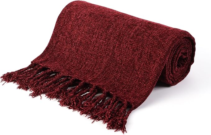 BATTILO HOME Burgundy Chenille Throw Blanket, Decorative Red Knit Throw with Fringe, Lightweight for Christmas Decor, 50"x60"