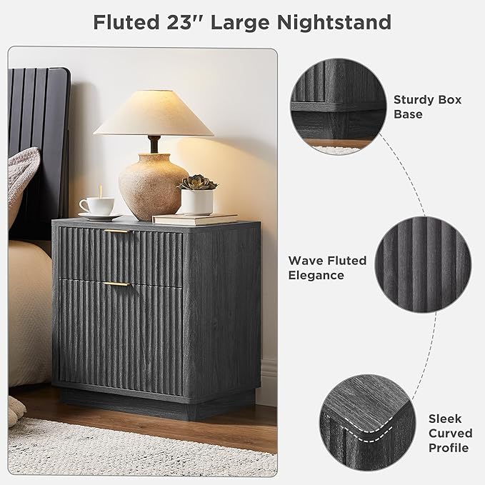 T4TREAM 23'' Fluted Nightstand with Charging Station, Large 2 Drawer Side Table, Modern End Table with Storage, Mid Century Bedside Table for Bedroom, Living Room, Curved Profile, Dark Alder