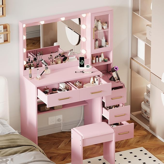 Makeup Vanity with Lights & Charging Station, Pink Vanity Table with 5 Drawers & Open Storage Shelves, Vanity Desk with Mirror & Lights, Dressing Table Set, Bedroom Makeup Table Set Gold Handle