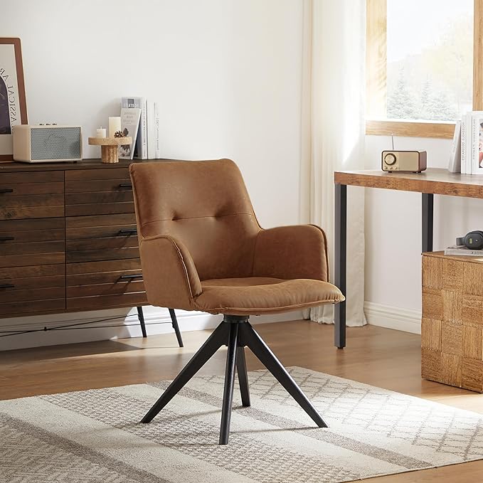 Art Leon Home Office Desk Chair - Faux Leather Upholstered Accent Armchair, Mid Century Swivel Chair with Black Oak Wood Legs for Small Space Living Room Bedroom, Brown