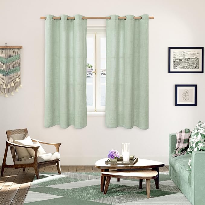 YoungsTex Sage Green Linen Curtains for Bedroom 63 Inch Long with Bronze Grommet Privacy Light Filtering Drapes for Short Living Room Rustic Office, 38 x 63 Inch, 2 Panels