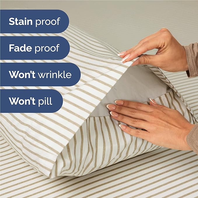Full 6 Piece Sheet Set - Cooling, Comfy & Breathable - Hotel Luxury Bedding, Includes Fitted Sheet for Women, Men, Kids & Teens - 1 Flat, 1 Fitted Sheet, 4 Pillowcases w/Deep Pockets - Beige Stripes
