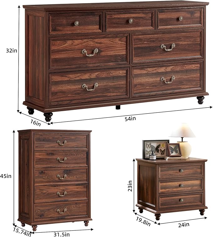 24" Wide Farmhouse Nightstand Set of 2, 54" 7 Drawers Dresser, 45" Tall Rustic Chests of 5 Drawers w/ 4 Solid Wood Feet, Farmhouse Furniture Series for Living Room,Bedroom,Brown