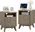 T4TREAM Fluted Nightstand Set of 2 with Charging Station, 18" Modern Side Table with 2 Drawer, End Table w/Storage, Bedside for Bedroom, Living Room, Curved Profile Design, Grey Alder