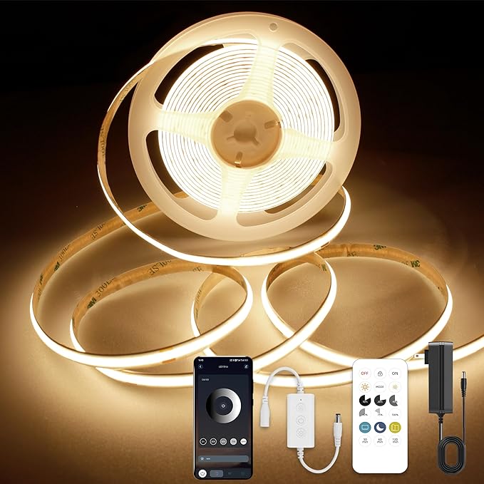 COB LED Strip Lights with Remote, 24V 9.84ft Warm White Dimmable LED Light Strips, High Bright 3000K LED Lights with Power Supply for Room, Kitchen, DIY Home Decoration