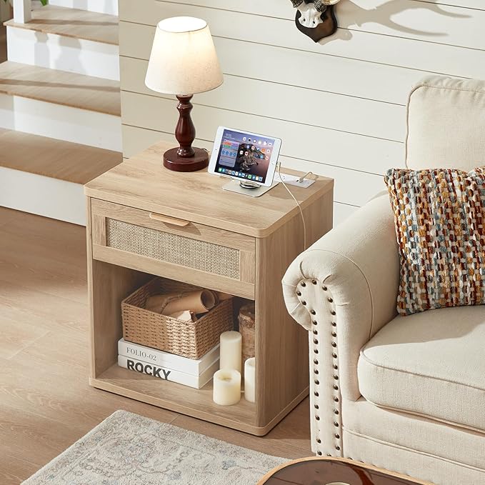 LEYAOYAO Rattan Dresser and Nightstand Sets 3 Piece, Boho Wood Dresser for Bedroom with 6 Drawers and Night Stand with Charging Station, Bedroom Furniture, Dressers & Chests of Drawers, Living Room