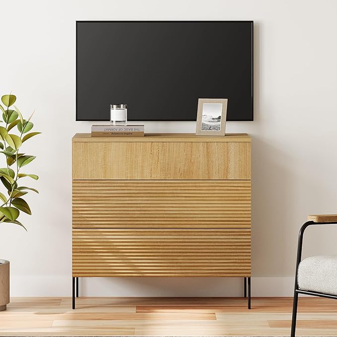 WAMPAT 31.5" W Fluted Dresser for Bedroom, Modern 3 Drawer Dresser TV Stand with Hidden Handles, Wooden Chest of Drawers Closet Clothes Storage Organizer for Bedroom, Living Room, Oak