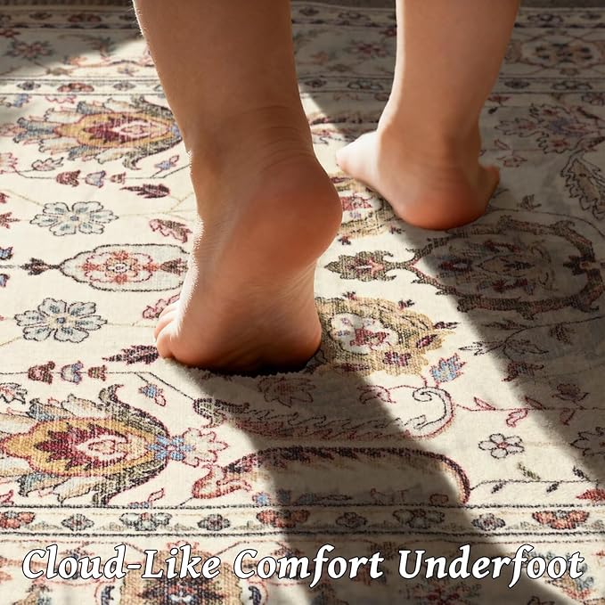 Washable 9x12 Area Rugs for Living Room, Boho Non-Slip Vintage Distress Lager Rugs for Bedroom Dining Room Nursery Office, 0.3" Neutral Oriental Throw Thin Carpet, Beige/Rust/Green/Multi
