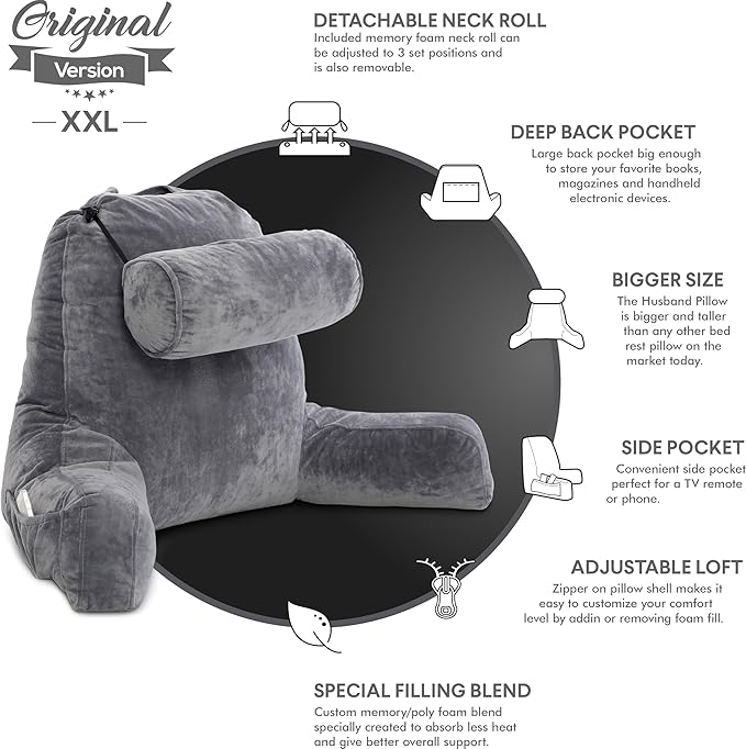 Husband Pillow XXL - Reading Pillow Bed Chair with Arms & Back Support - Dark Grey - Back Pillow for Sitting Up - Bed Rest Arm Pillow - Comfy Reading Pillow for Adults