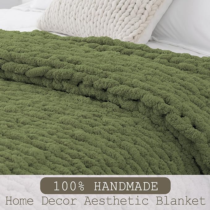 Chunky Knit Throw Blanket 60"X 80", 100% Handmade with Soft Chenille Yarn, 6.7lbs Thick Cable Knitted Blankets, Large Rope Knot Crochet Throws for Couch Sofa Bed Home Decor, Olive Green