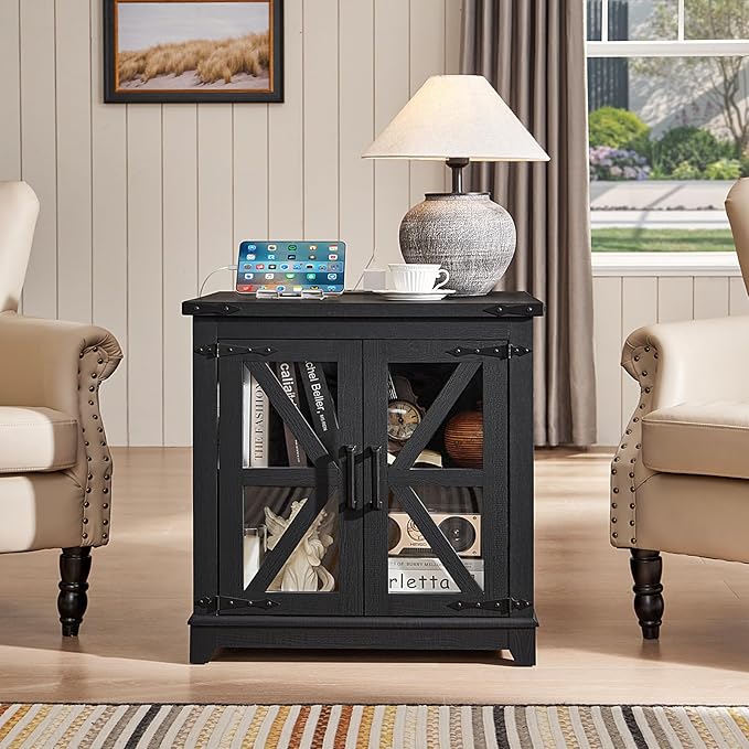Farmhouse End Table Set 3, Narrow 18'' Night Stand with Glass Barn Door, 24" Square Side Table with Charger Station, Living Room Furniture Sets, Wood Nightstand Bedside Tables for Bedroom