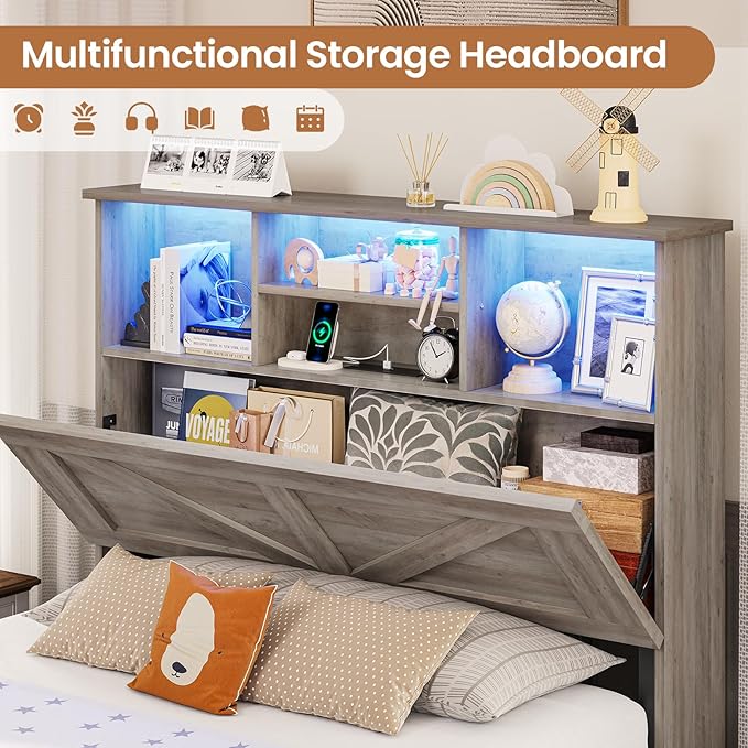 VIAGDO Farmhouse Bed Frame Twin Size with Bookcase Storage Headboard, Charging Station and LED Lights, Wooden Twin Bed Frames with 4 Drawers, Barn Door Design, No Box Spring Needed, No Noise, Grey