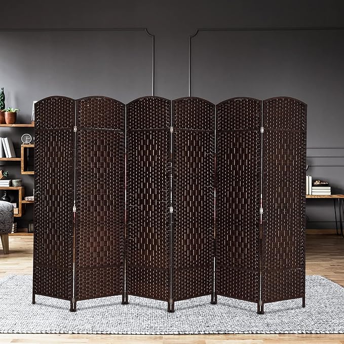 VINGLI 6-Panels Tall Rattan Room Divider, 6 FT Folding Privacy Screen, Indoor Partition Wall Dividers, Freestanding Hinged Space Separator (Dark Brown)