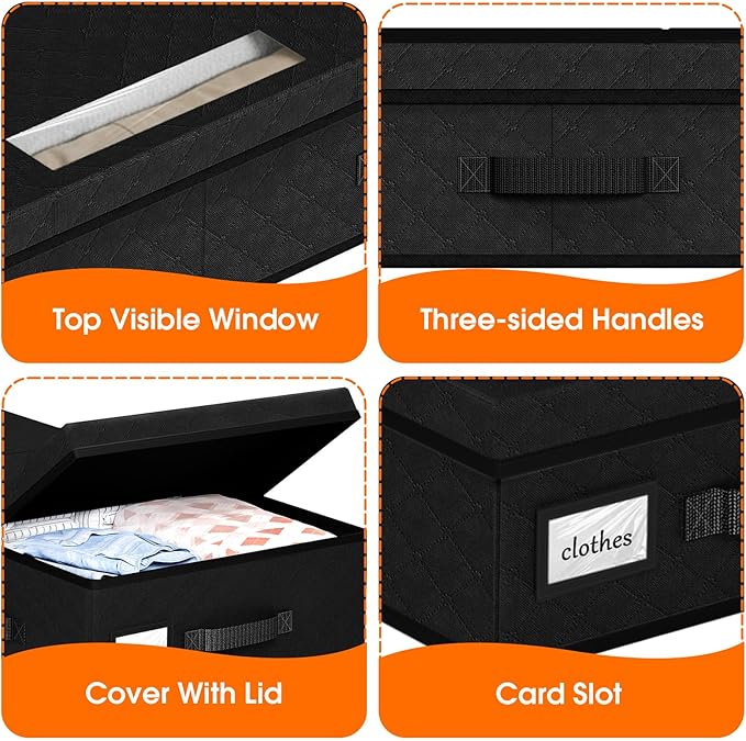 Under Bed Storage Containers with Lids - 3 Pack, Foldable and Stackable Clothes Storage Bags with Clear Window, 3-Sided Handles and Label Slot for Clothing, Blankets, Pillows (Black)