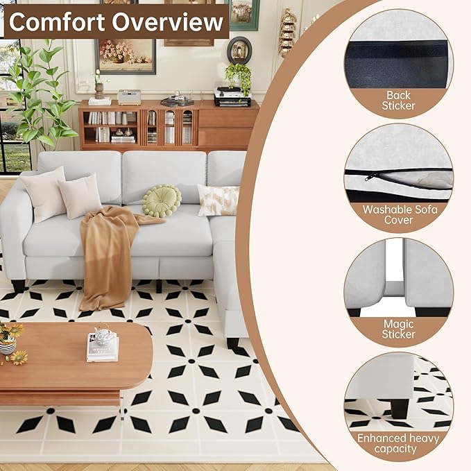 ZeeFu Sectional and Sofa Couches for Living Room - 78'' 3 Seater L-Shaped Modular Couch with Storage Ottoman - Modern Velevt Fabric Upholstered Sofa Set for Small Space Apartment Office