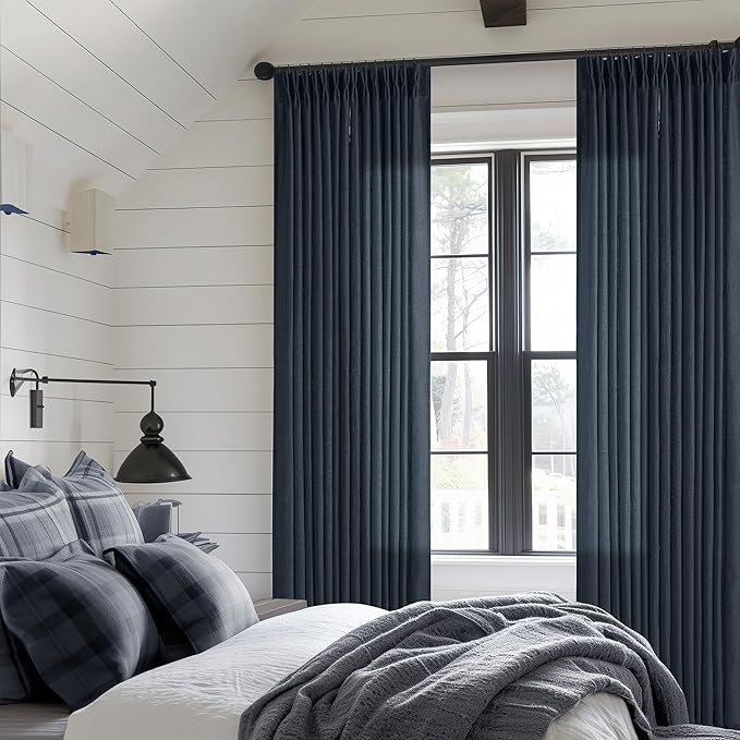 Navy Blue Pleated Linen Curtains 96 Inches Long for Living Room 2 Panel Set Semi Sheer Light Filtering Pinch Pleat with Rings Hooks Drapes Boho Farmhouse Dark Blue Indigo Curtain Bedroom Window