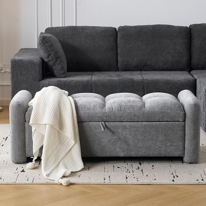 Oversized Chenille Ottoman Bench with Storage, Upholstered End of Bed Bench for Bedroom, Ottoman Foot Rest for Living Room, Light Grey