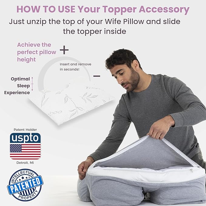 Wife Pillow - Topper, Rayon Shell/Charcoal Shredded High Density Memory Foam Filling. Adjustable for Side Sleepers by Zipper Access to Add/Remove Fill for Best Sleeping: High Denisty Support