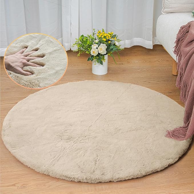 Camel Washable Shag Area Rugs for Living Room Small Plush Faux Bunny Shaggy Fur Round Rugs 4ft Cute Room Nursery Rug