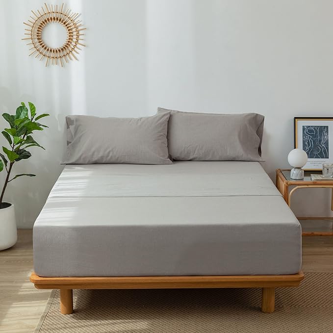 MooMee Fitted Bottom Sheet Only 100% Washed Cotton Linen Like Textured Breathable Durable Soft Comfy Deep Pocket Fits Mattress up to 17" (Natural Linen, King)