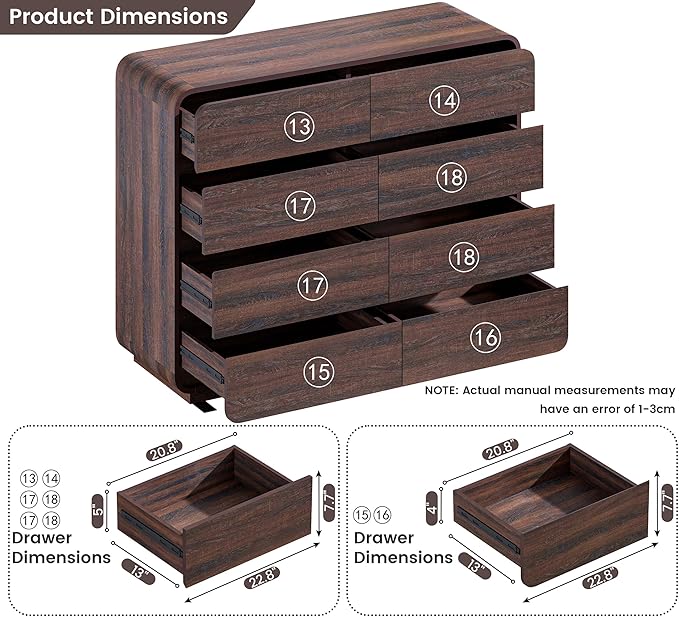 Modern 8 Drawer Dresser, 47- Inch Wood Chest of Drawers with Large Storage, Walnut Dresser Closet for Bedroom, Living Room, Nursery.