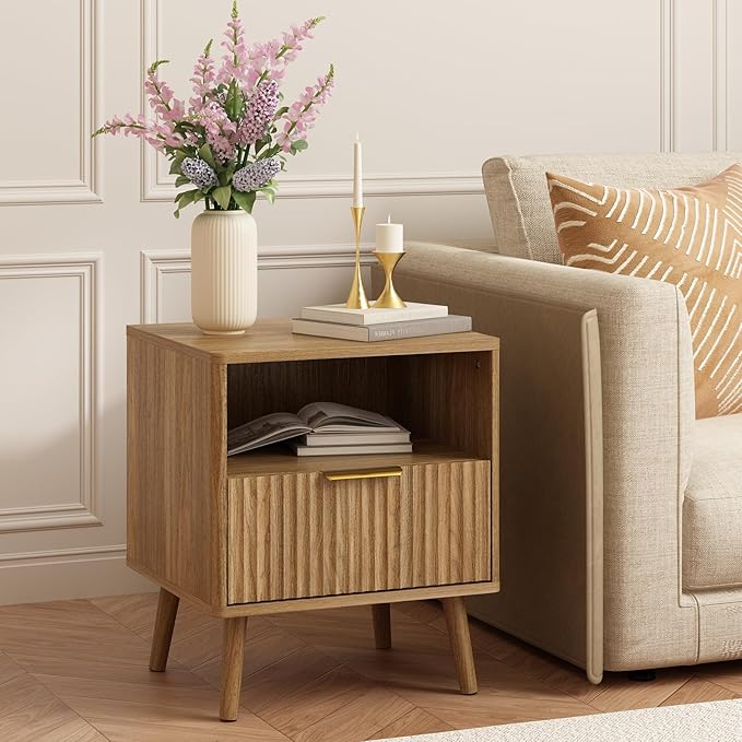 CARPETNAL Fluted Nightstand, Walnut Bedside Table with Drawer and Storage Shelf, Wood End Table Mid Century Night Stands for Bedroom Living Room