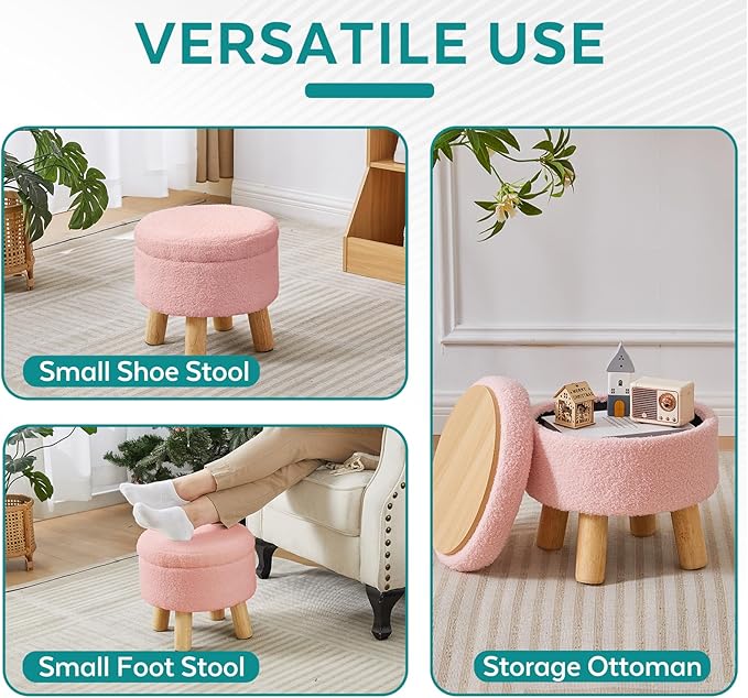 FIMIVIBI Small Foot Stool Ottoman with Storage, Sherpa Ottoman Foot Rest for Couch, Round Footstool with Storage, Small Ottomans and Footstools for Living Room and Entryway (Pink)