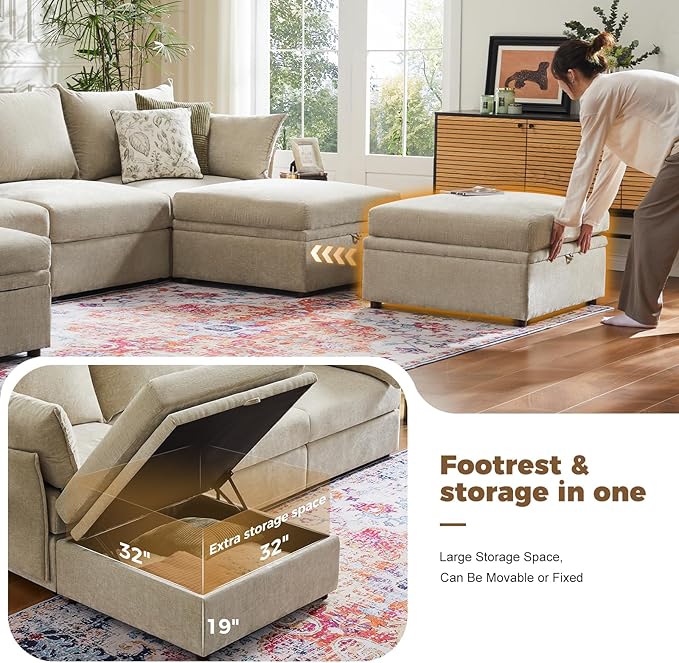 ABCASA 136.4" Oversized Modular Sectional Sleeper Sofa Bed, U Shaped Convertible Couch with Movable Ottoman, Large 8 Seat Corner Couches for Living Room Deep Seat Beige Chenille
