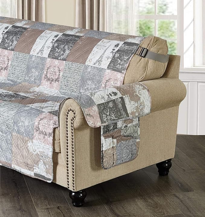 Brilliant Sunshine Paris and Toile Floral Patchwork Couch Armrest 5 Pockets Organizer, Slip Resistant Armchair Caddy, Washable Remote Controls Holder, Storage for Magazine, Tablet, 35×13", Latte Grey