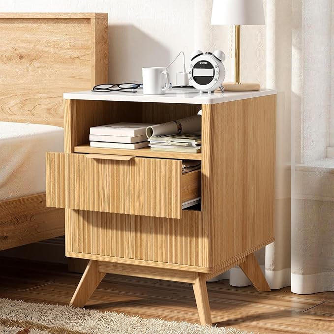 Modern Nightstand,Side Table with Charging Station,Bedside Tables with Drawer,Mid-Century End Tables Set (1-Piece),Natural Oak
