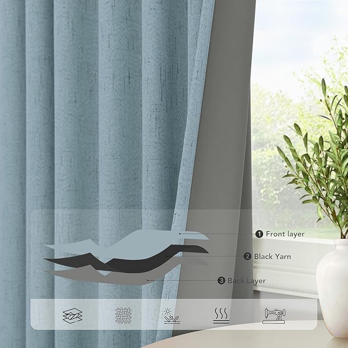 Light Blue Curtains for Bedroom 63 Inch Length 2 Panels Neutral Linen Textured Full Blackout Room Darkening Noise Reducing Curtain for Bay Window Kids Room Boys Nursery Dusty Slate Stone Blue 63 Long