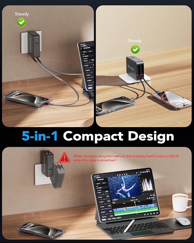 65W for MacBook Pro Charger,5-in-1 Retractable Wall Charger Plug for iPhone 17, Dual 3.94 ft PD USB C Cable&3 Ports, Fast Charging Block for Mac Book Pro/Air, M1 M2 M3 M4, iPad Pro,Galaxy,Pixel