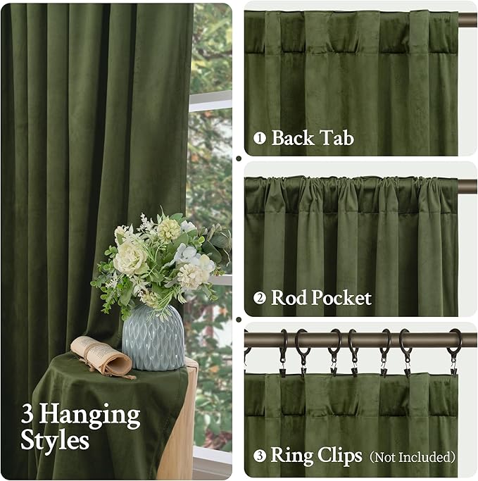 LAMIT Sage Green Velvet Curtains 120 Inch for Living Room, Vintage Thermal Room Darkening Panels Back Tab and Rod Pocket Noise Reducing Drapes for Bedroom/Farmhouse, 2 Panels, 52 x 120 Inch