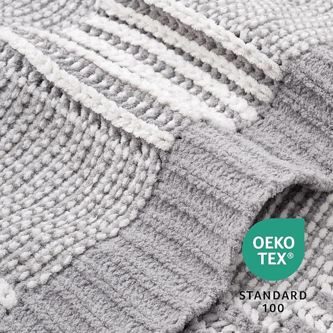 Amélie Home Checkered Knit Throw Blanket for Couch, Chenille Texture Decorative Soft Blanket for Sofa & Chair, 50"x60", Grey & White