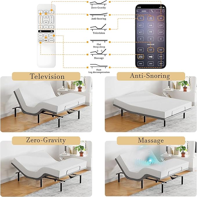 Queen All-in-One Adjustable Bed Frame with Upholstered Wingback Headboard, Head and Foot Incline, Zero Gravity, Massage, App and Wireless Remote, No-Noise, Minimalist, Textured Ivory Canvas