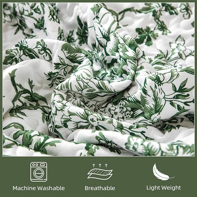 WONGS BEDDING Quilt King Size, Green Quilt Bedding Set with 2 Pillowcases, Botanical Quilt for King Bed, Soft Microfiber Lightweight Coverlet Bedspread for All Season (110"×90", 3 Pieces)