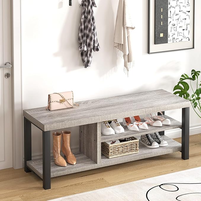 FOLUBAN Storage Bench, Vintage Wood Shoe Bench for Entryway Hallway, Industrial Indoor Shoe Rack Seat for Bedroom, Living Room, Light Grey, 43.3 Inch