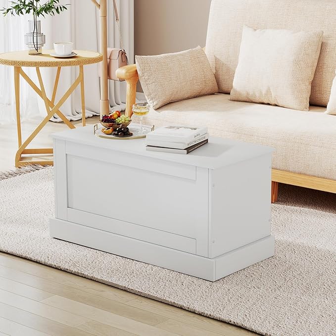 LOKO 35.5” Storage Chest, Lift Top Storage Box with Metal Hinges, Wooden Storage Bench with Safety Hydraulic Strut, Large Modern Storage Trunk for Living Room, Bedroom, Entryway (White)