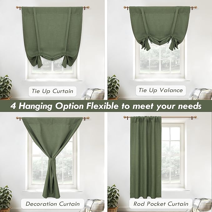 DriftAway Double Layer Linen Blackout Tie Up Curtains Thermal Insulated Fully Lined Balloon Roman Shade Bathroom Window Adjustable Rod Pocket for Small Window 39 Inch by 55 Inch Olive Green