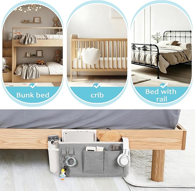 Loghot Bedside Caddy/Bedside Storage Bag Hanging Organizer for Bunk and Hospital Beds,Dorm Rooms Bed Rails,Can be Placed Glasses,Books,Mobile Phones,Keys (Grey)