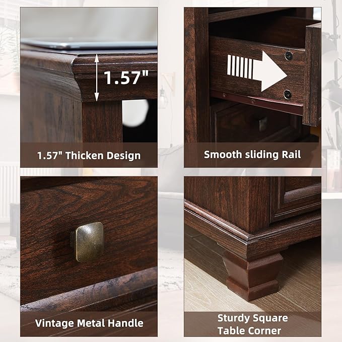 SAVOR LIFE Farmhouse Nightstand with Charging Station, Rustic Brown Nightstand, 2 Drawers End Table, Bedside Table with Open Shelf for Bedroom, Walnut