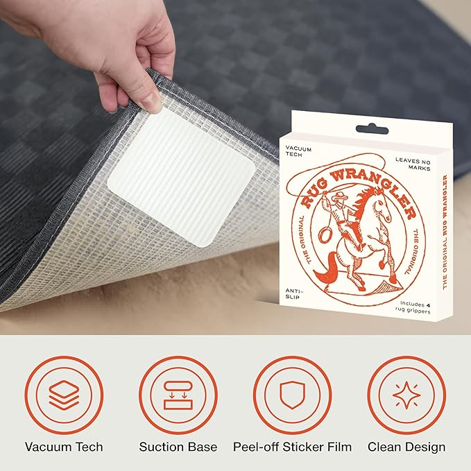 Rug Wrangler Rug Tape Grip – Non-Slip Rug Pads for Hardwood Floors (4-Pack) Rug Tape with No Damage or Residue, Carpet Corner Holders, Anti-Slip Rug Grips, Vacuum Tech Double Sided Rug Pad