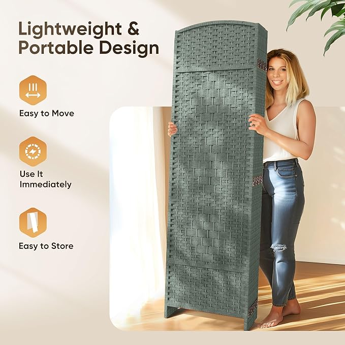 JOSTYLE Room Divider 6ft. Tall Extra Wide Privacy Screen, Folding Privacy Screens with Diamond Double-Weave Room dividers and Freestanding Room Dividers Privacy Screens(Grey, 8-Panel)