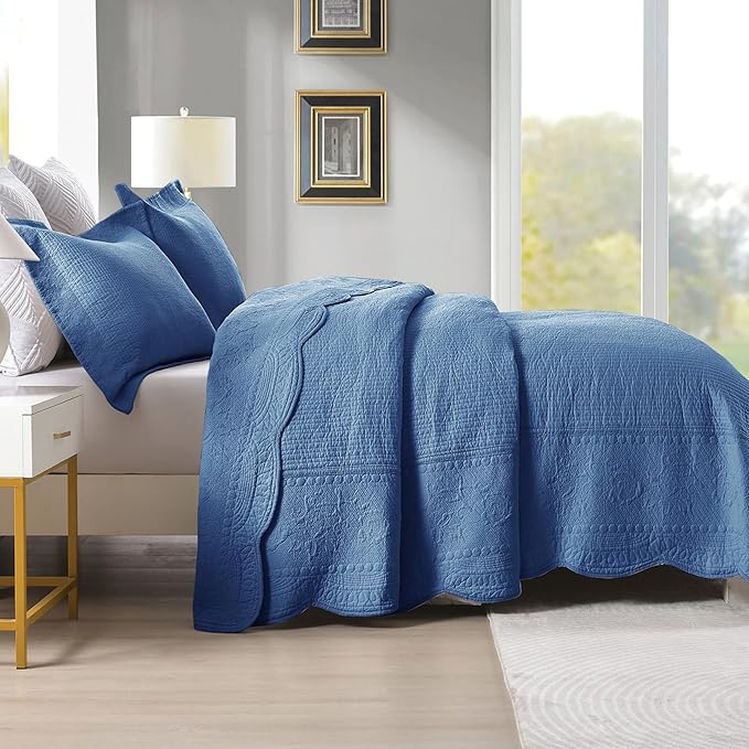 MarCielo 3-Piece 100% Cotton Oversized Bedspread Lightweight Quilt Coverlet Embroidery Farmhouse Bedding Set (TG Midtone Blue, Oversized King (118"x106"))