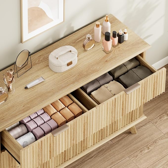 QUW Modern Fluted Dresser for Bedroom with 6 Drawers,47.2" Wood Closet Organizers and Storage,Wide 6 Drawer Dresser with Metal Handle,Hallway,Living Room(Natural Oak)