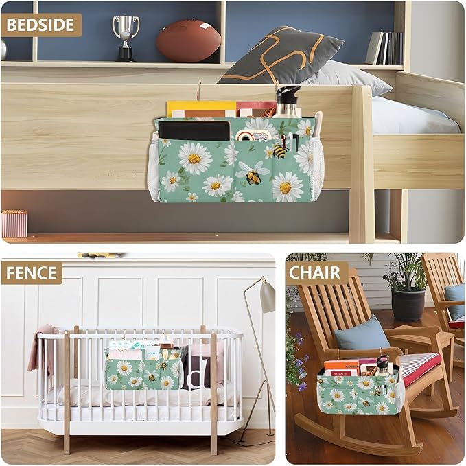 Bedside Caddy Hanging Bunk Bed Caddy Bed Organizer Hanging Pocket with 2 Hooks Bedside Storage Organizer Pocket Bag Holder Mint Green Daisy Flowers and Bees