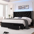 HITHOS Queen Upholstered LED Bed Frame with 2 Storage Drawers, Velvet Platform Bed with Wingback Headboard, Solid Wooden Slats Support, No Box Spring Needed, Headboard Splicing Design, Black