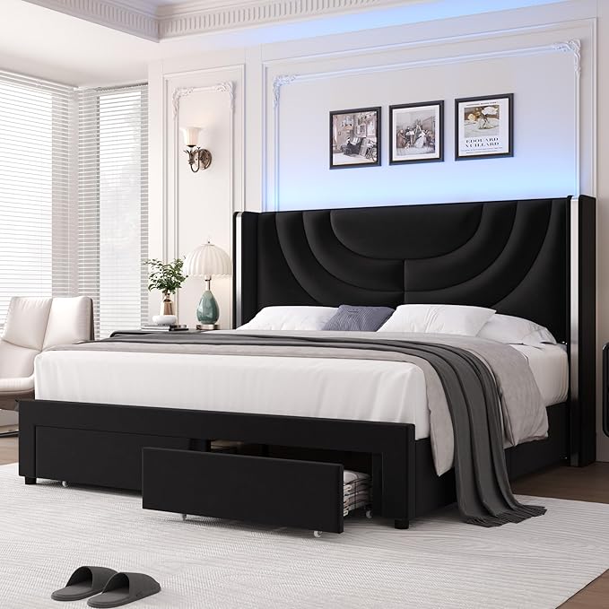 HITHOS Full Upholstered LED Bed Frame with 2 Storage Drawers, Velvet Platform Bed with Wingback Headboard, Solid Wooden Slats Support, No Box Spring Needed, Headboard Splicing Design, Black