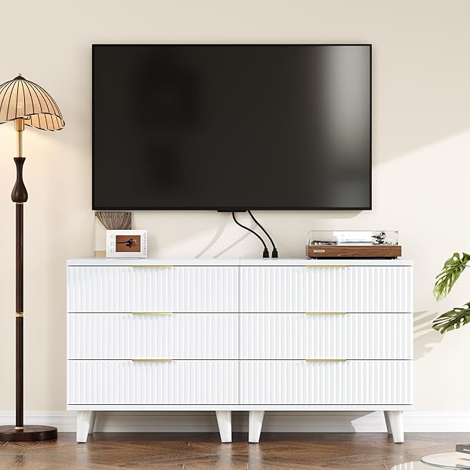 Fluted White Night Stand Set of 2 with USB Charging Station, 3-Drawer Dresser Wood Modern Bedside Table with Quiet Drawers & Large Storage End Table for Bedroom